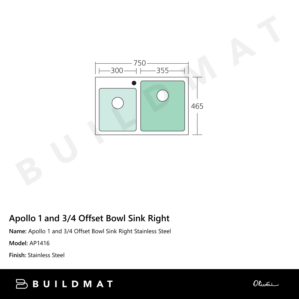 Oliveri Apollo 1 And 3/4 Right Offset Bowl Sink Stainless Steel
