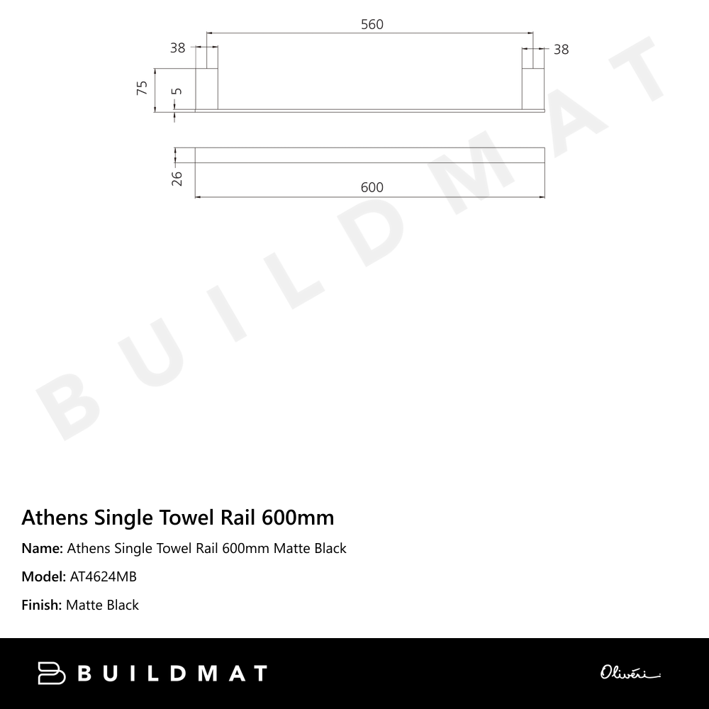 Oliveri Athens Single Towel Rail 600mm Matte Black