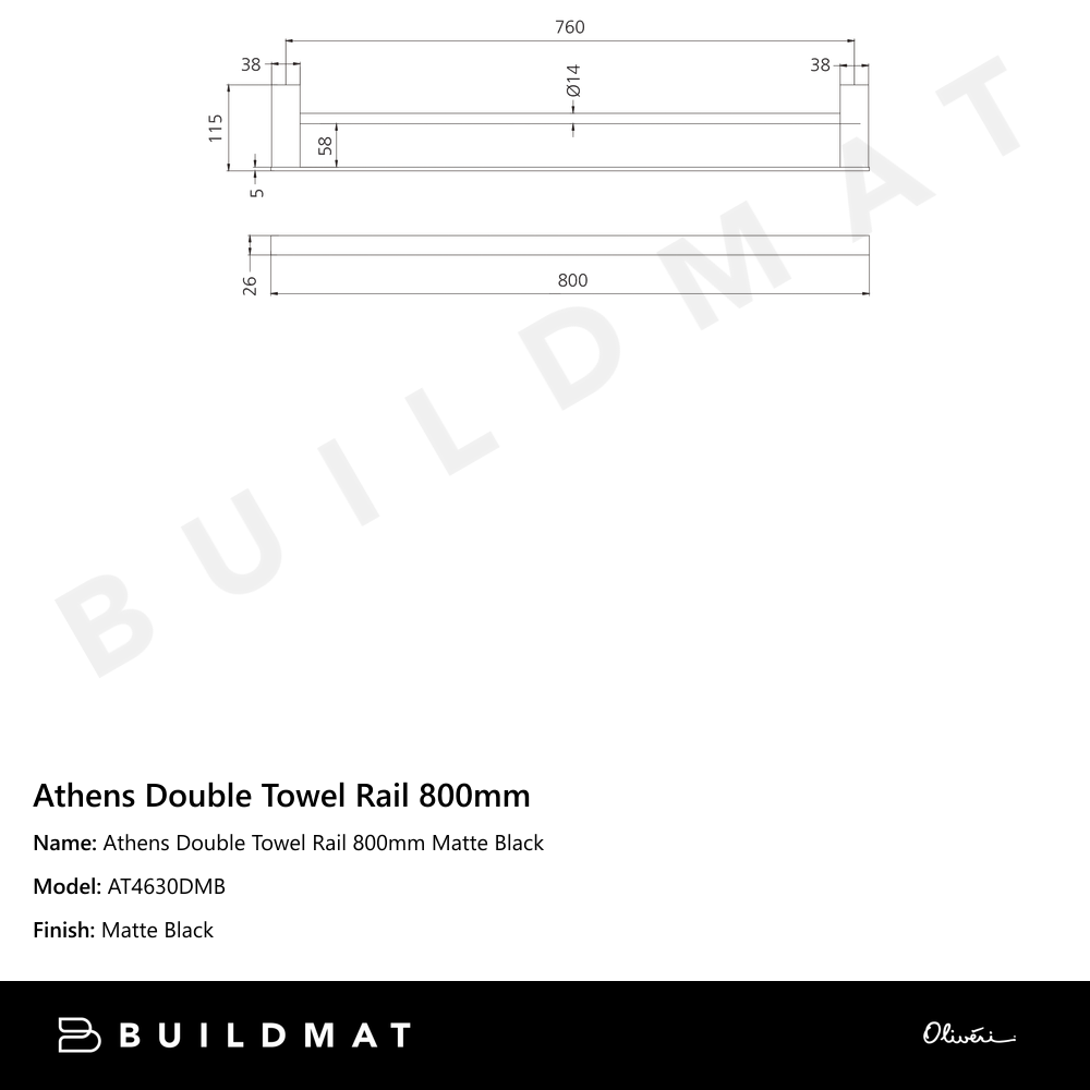 Oliveri Athens Double Towel Rail 800mm Matte Black