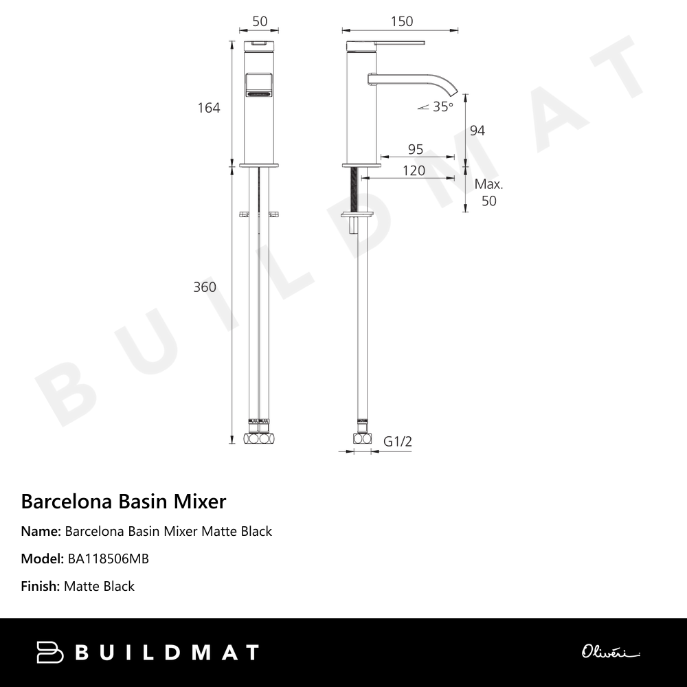 Oliveri Barcelona Basin Mixer Matte Black