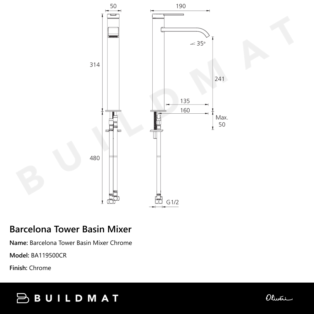 Oliveri Barcelona Tower Basin Mixer Chrome