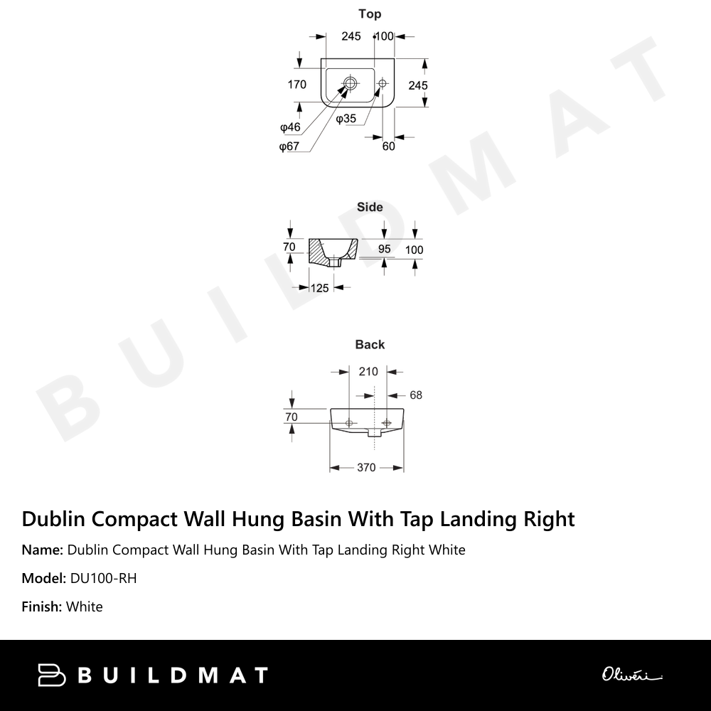 Oliveri Dublin Compact Wall Hung Basin with 1 Taphole (Right) White
