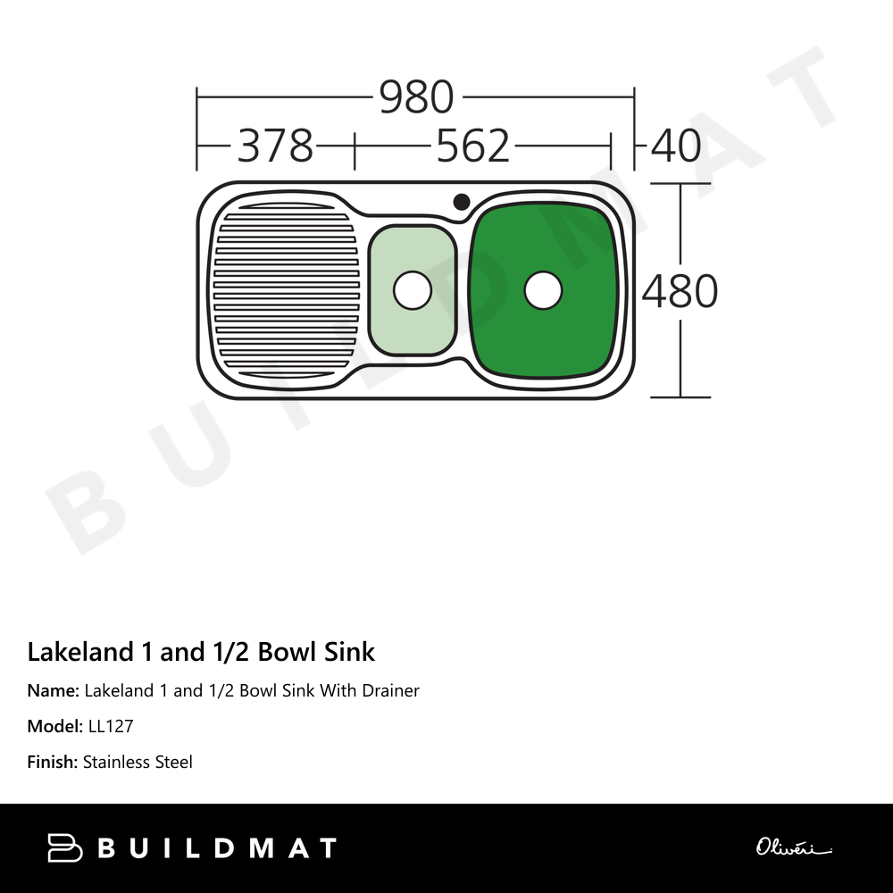 Oliveri Lakeland 1 And 1/2 Bowl Sink With Left Drainboard Stainless Steel
