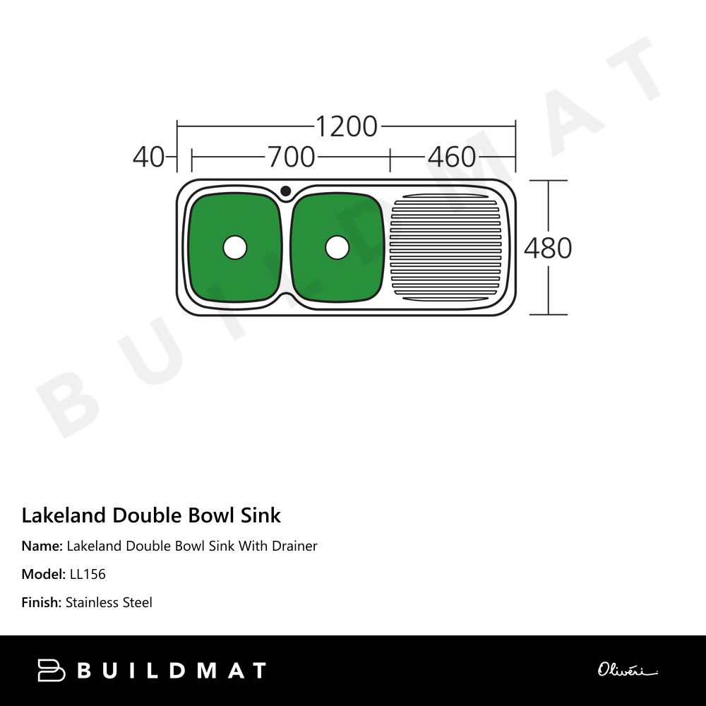 Oliveri Lakeland Double Bowl Sink With Right Drainboard Stainless Steel