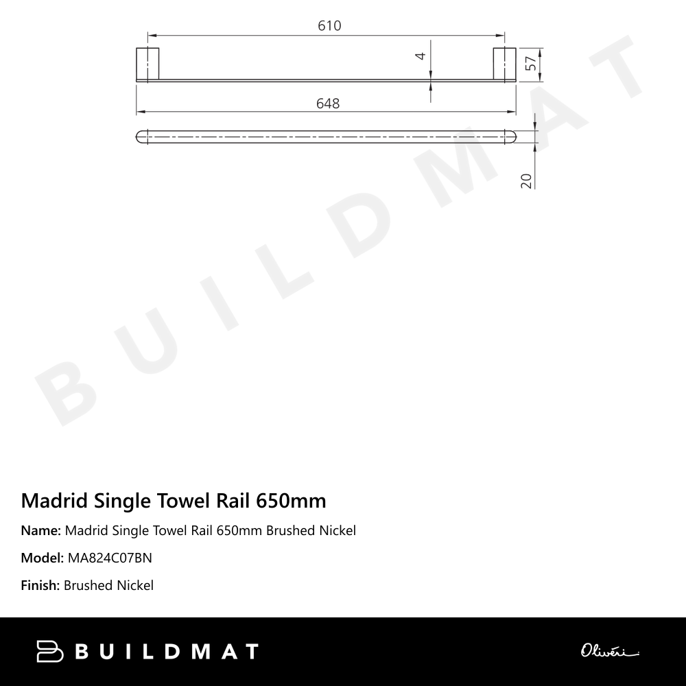Oliveri Madrid Single Towel Rail 650mm Brushed Nickel