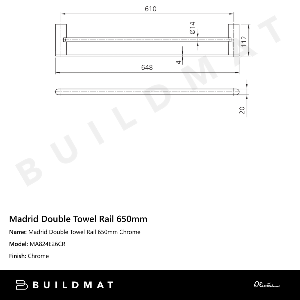 Oliveri Madrid Double Towel Rail 650mm Chrome