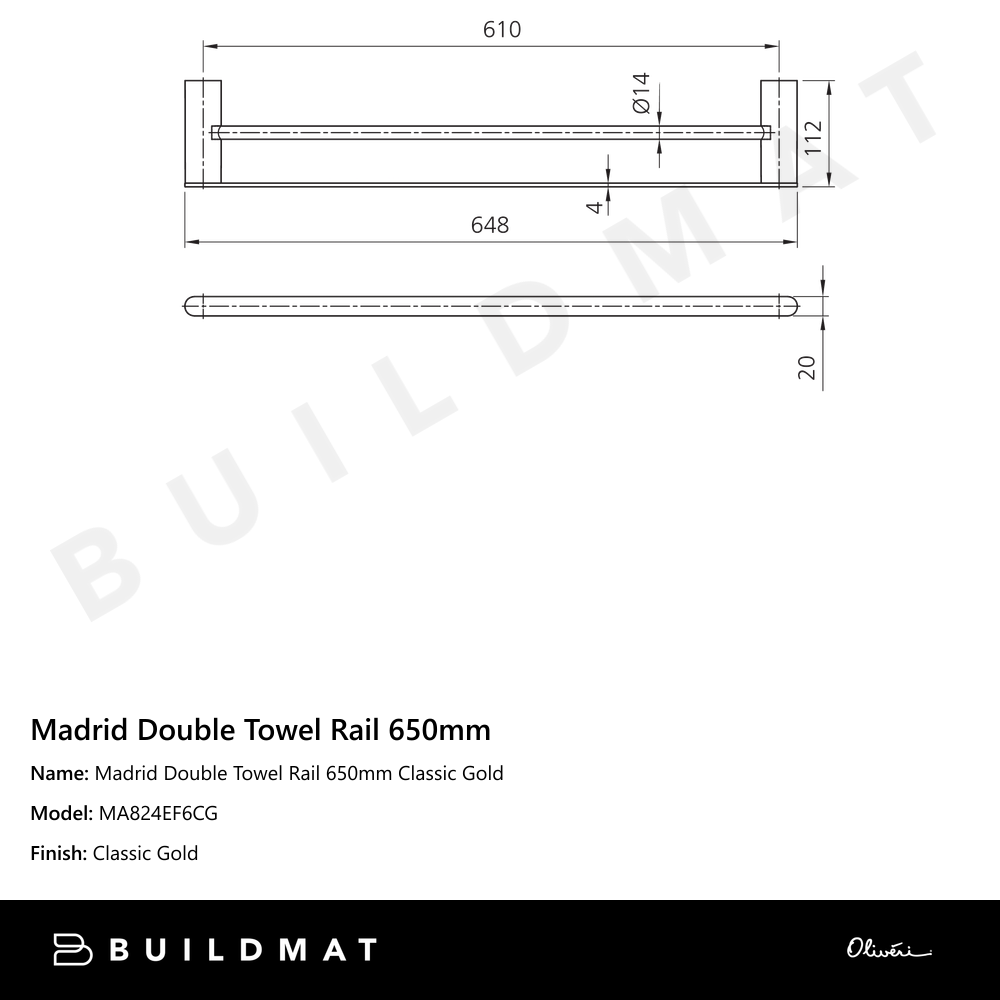 Oliveri Madrid Double Towel Rail 650mm Classic Gold
