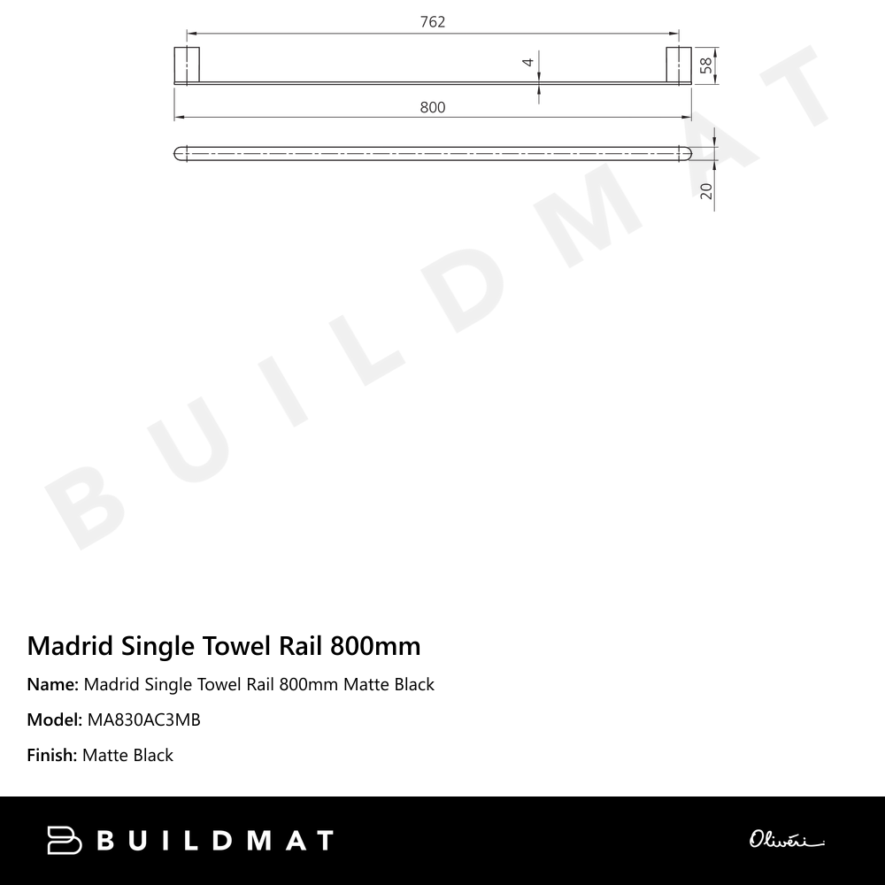 Oliveri Madrid Single Towel Rail 800mm Matte Black