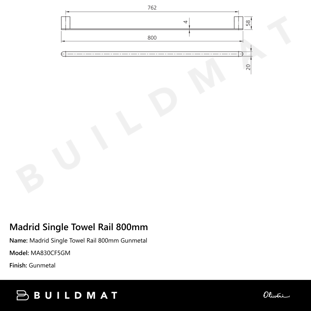 Oliveri Madrid Single Towel Rail 800mm Gunmetal