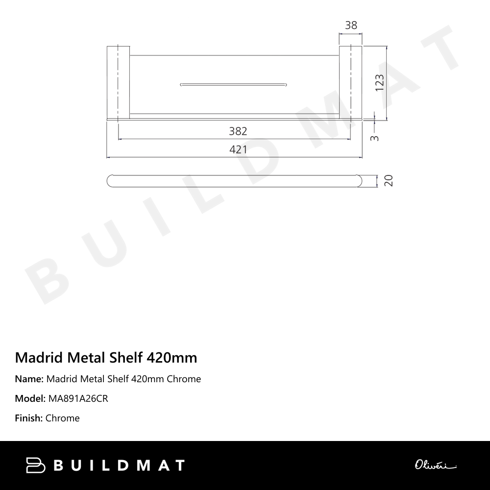 Oliveri Madrid Metal Shelf 420mm Chrome