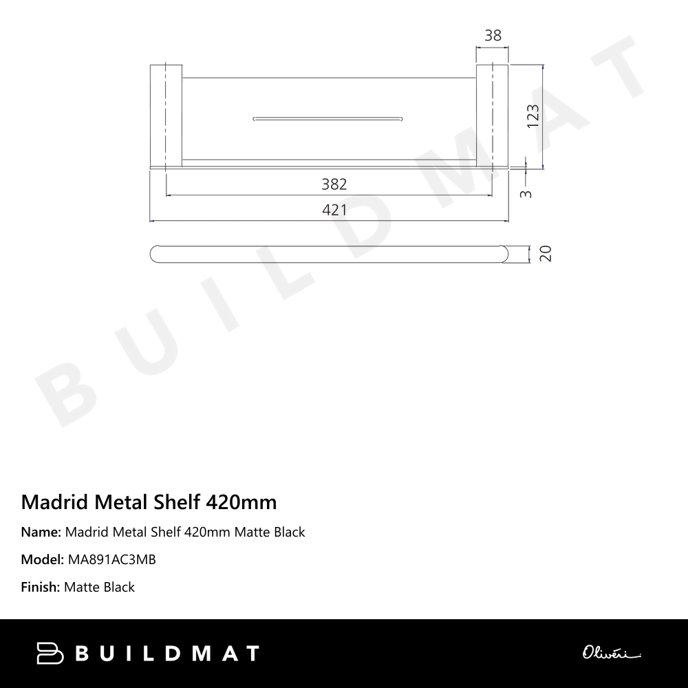 Oliveri Madrid Metal Shelf 420mm Matte Black