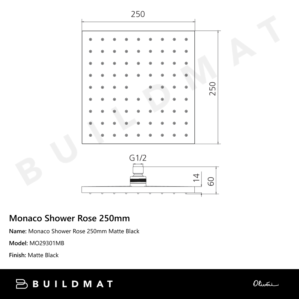 Oliveri Monaco Shower Rose 250mm Matte Black