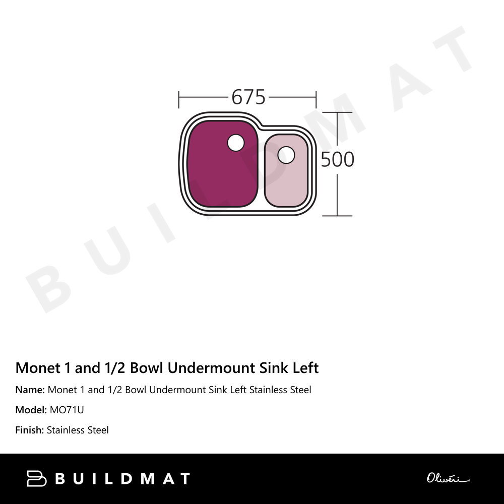 Oliveri Monet 1 And 1/2 Bowl Left Undermount Sink Stainless Steel