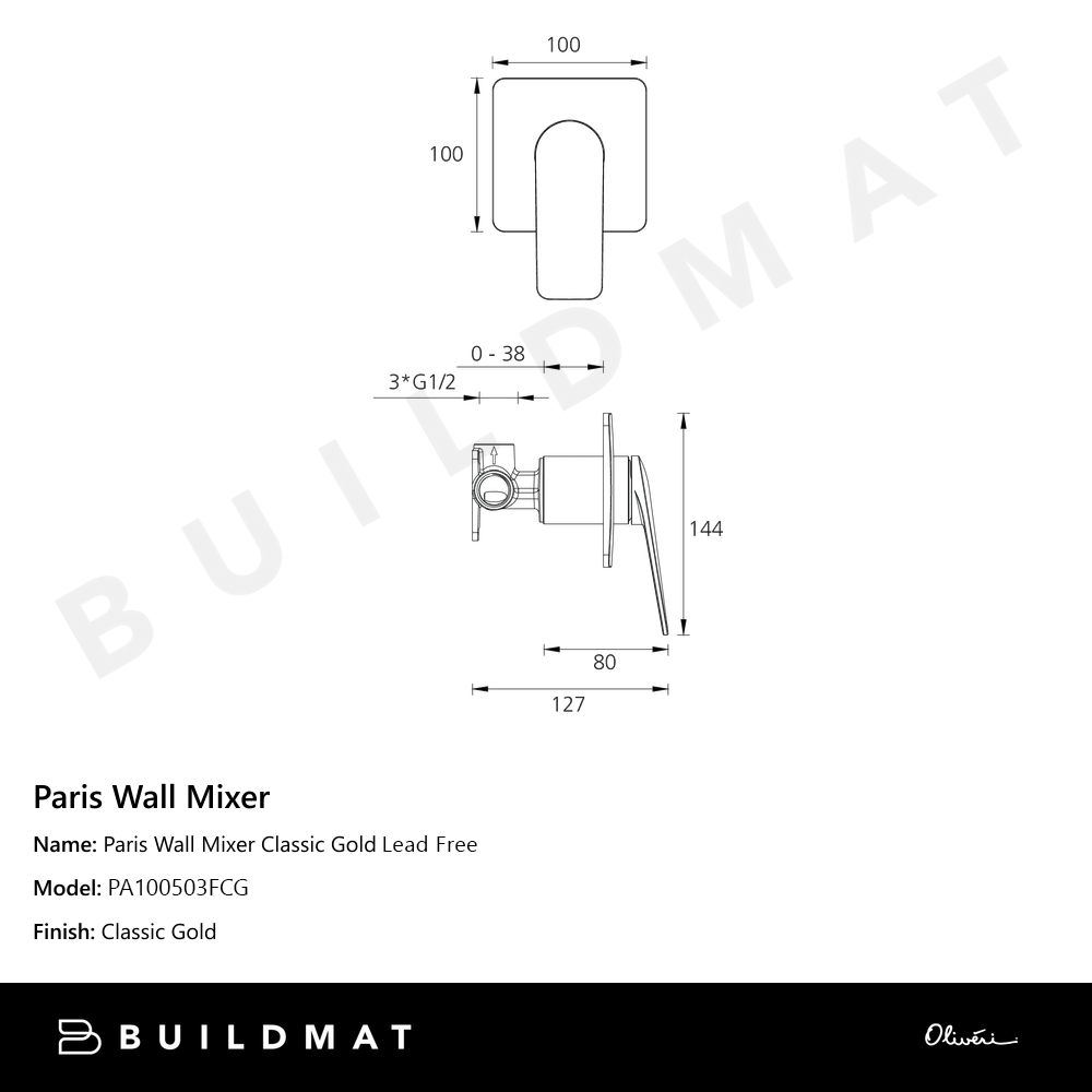 Oliveri Paris Wall Mixer Classic Gold Lead Free