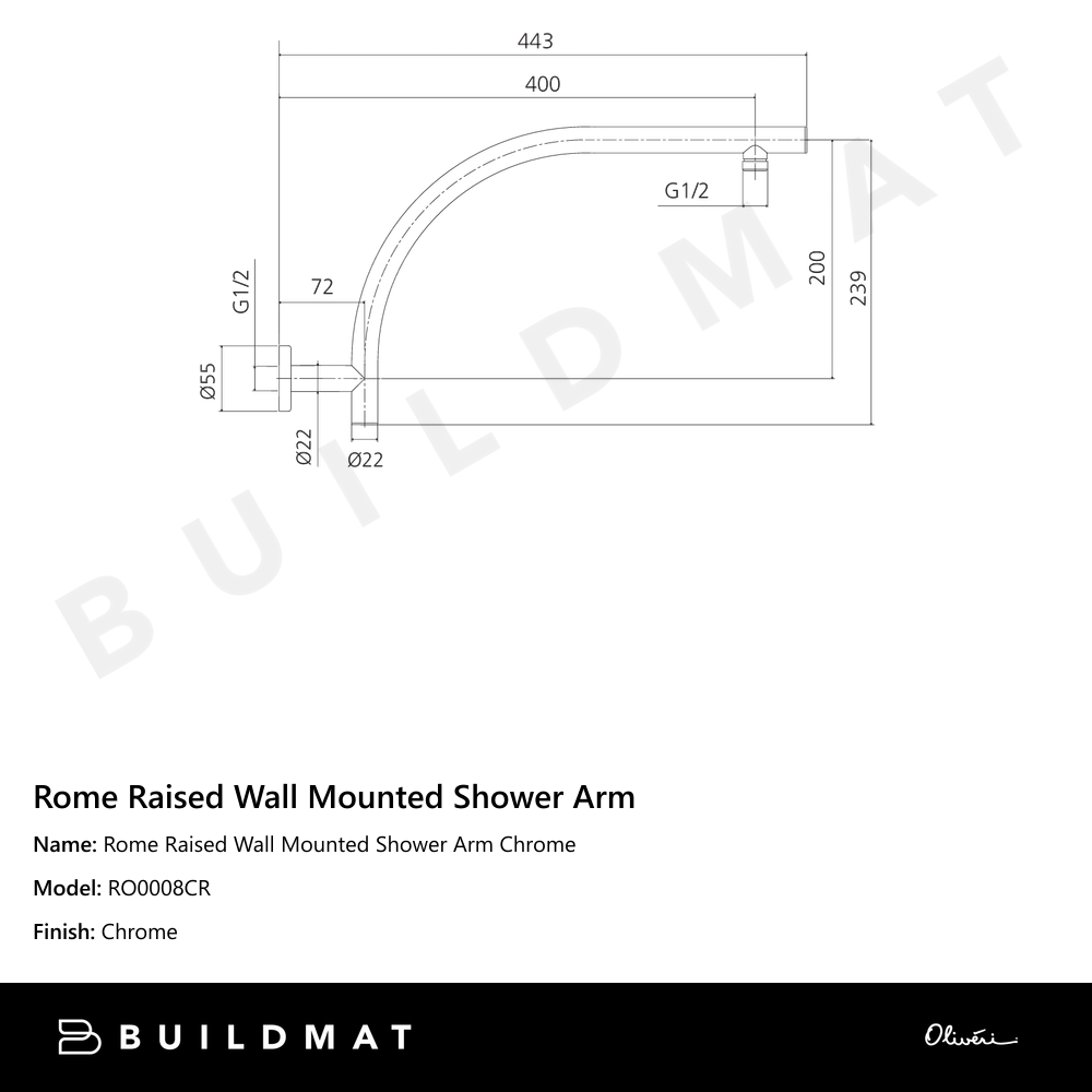 Oliveri Rome Raised Wall Mounted Shower Arm Chrome