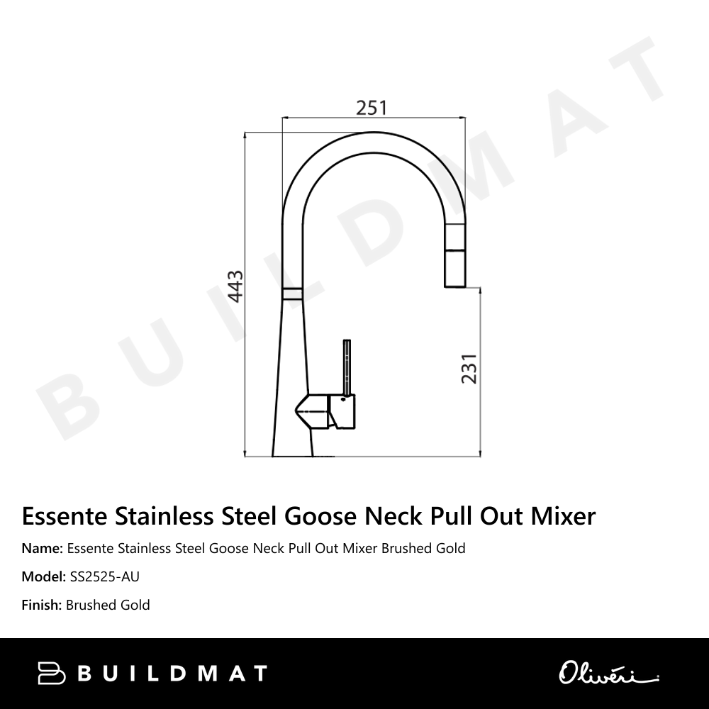 Oliveri Essente Stainless Steel Goose Neck Pull Out Mixer Brushed Gold