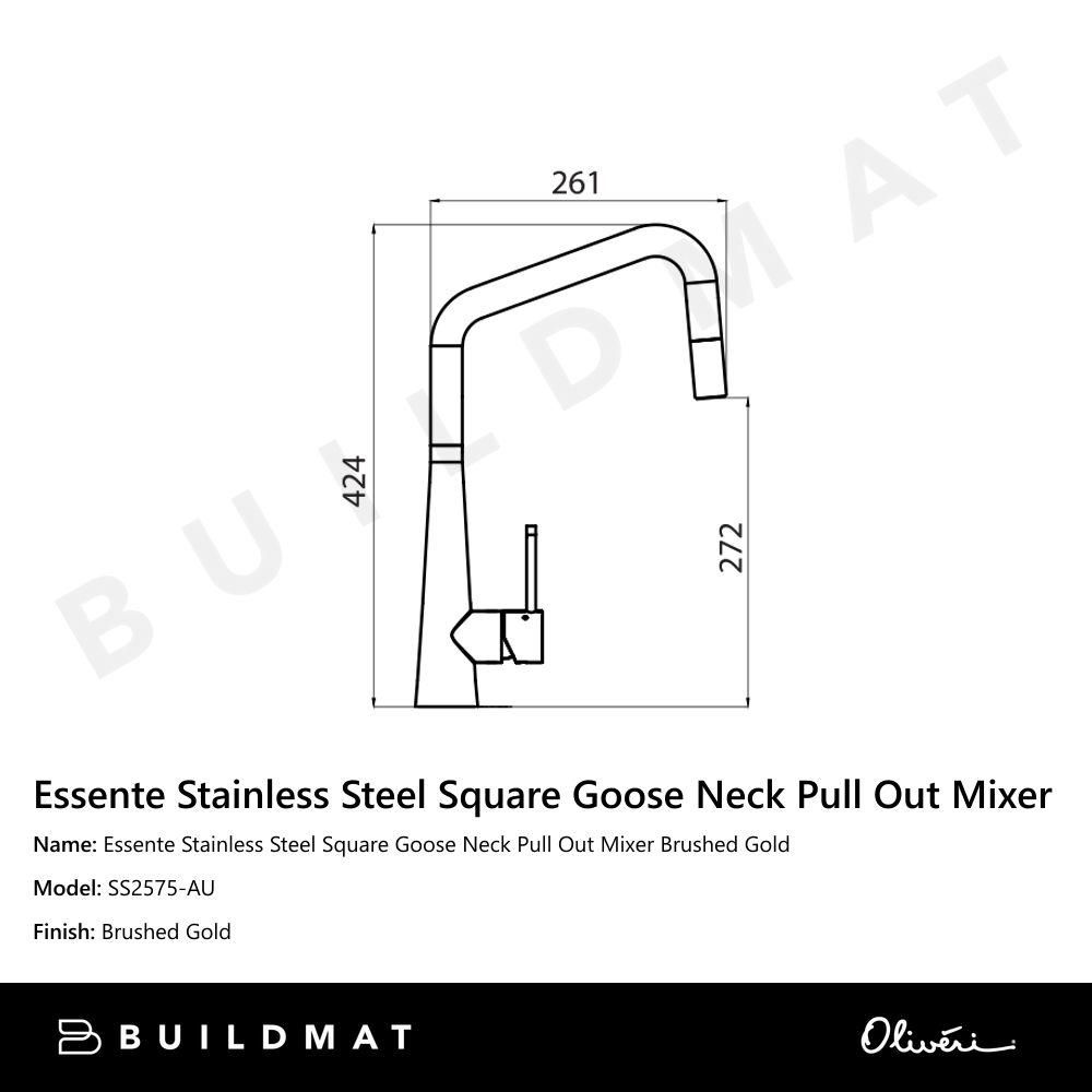 Oliveri Essente Stainless Steel Square Goose Neck Pull Out Mixer Brushed Gold
