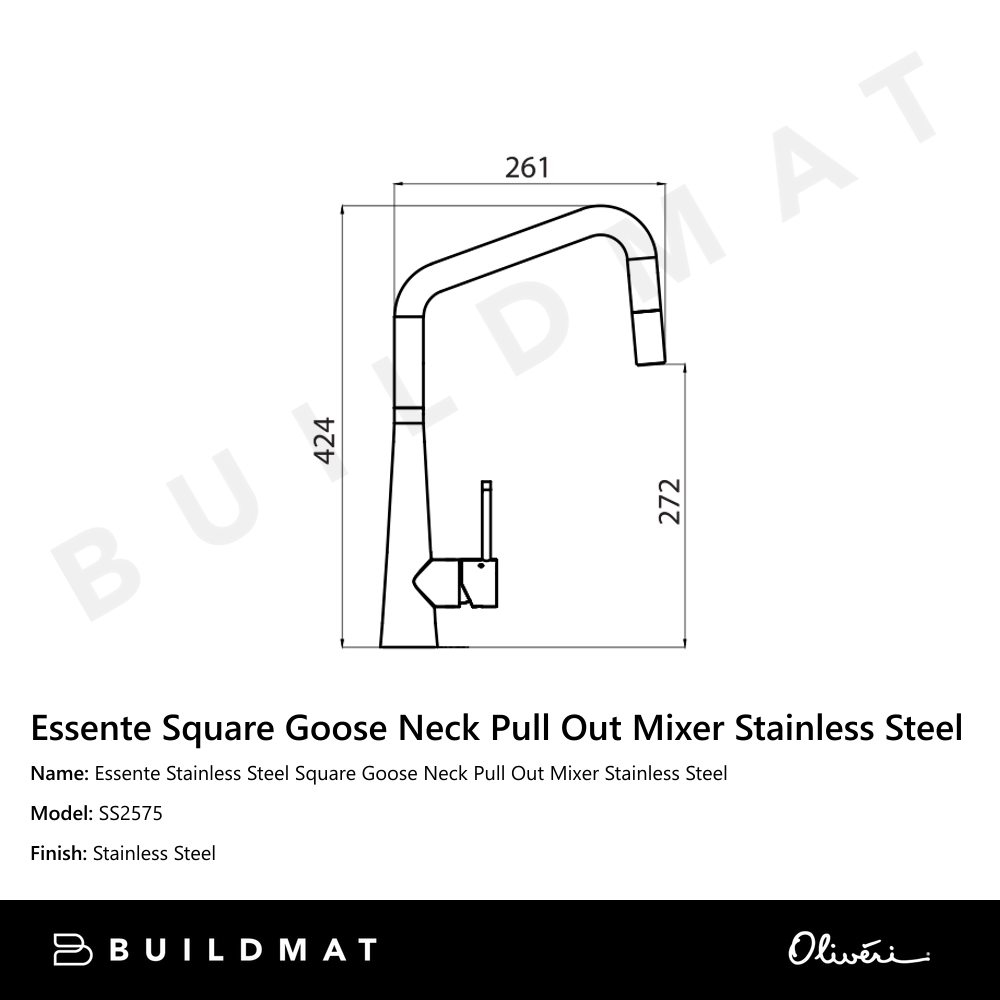 Oliveri Essente Stainless Steel Square Goose Neck Pull Out Mixer Stainless Steel