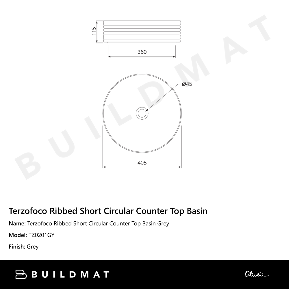 Oliveri Terzofoco Ribbed Short Circular Counter Top Basin Grey