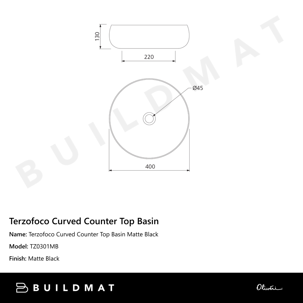 Oliveri Terzofoco Curved Counter Top Basin Matte Black
