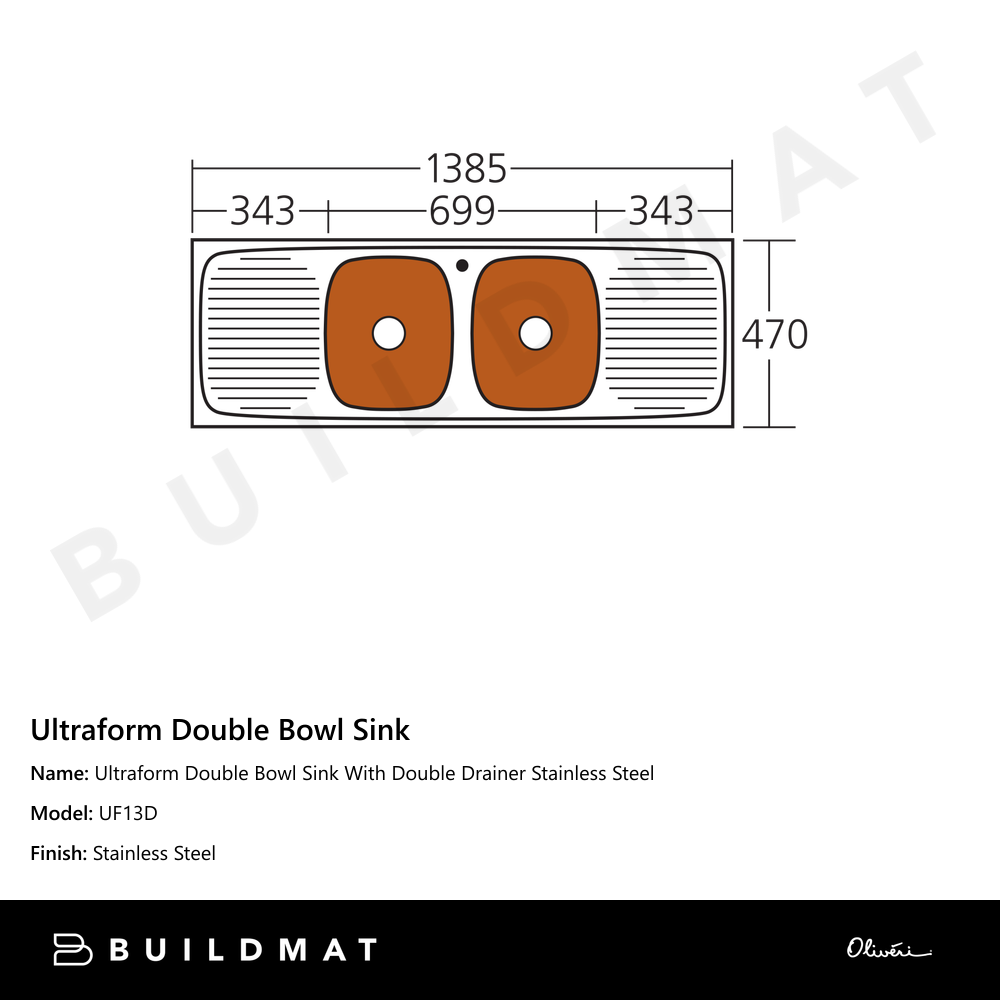 Oliveri Ultraform Double Bowl Sink With Double Drainer Stainless Steel