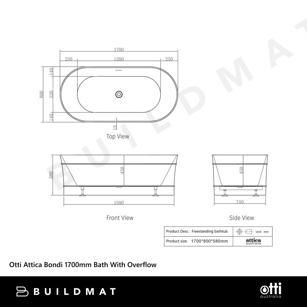 Otti Attica Bondi 1700mm Bath with Overflow Gloss White
