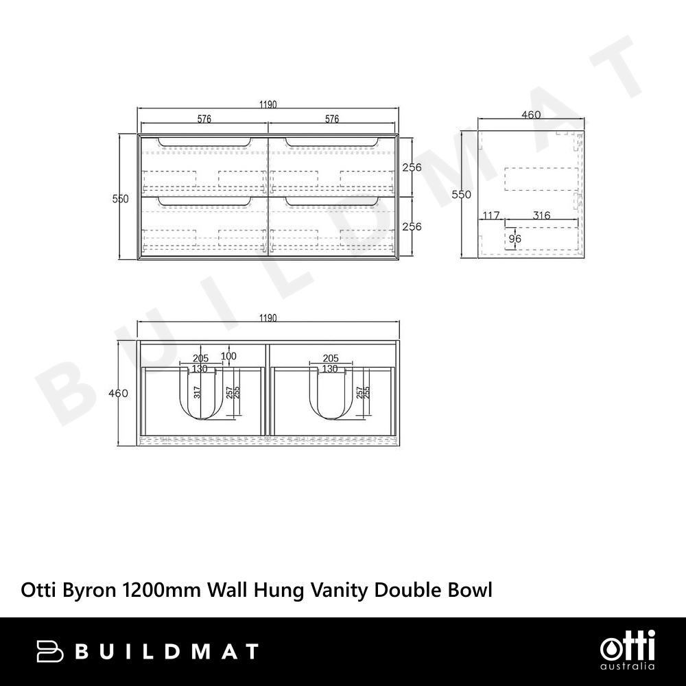 Otti Byron 1200mm Natural Oak Wall Hung Vanity with Natural Carrara Marble Top and Double Bowl Undermount Basin