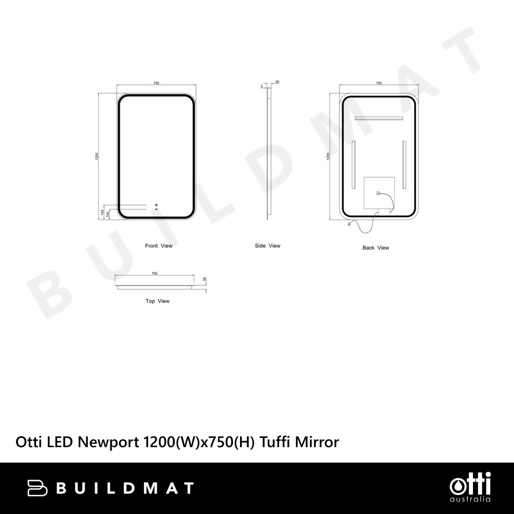Otti LED Newport 1200mm Frameless Back Lit Tuffi Mirror