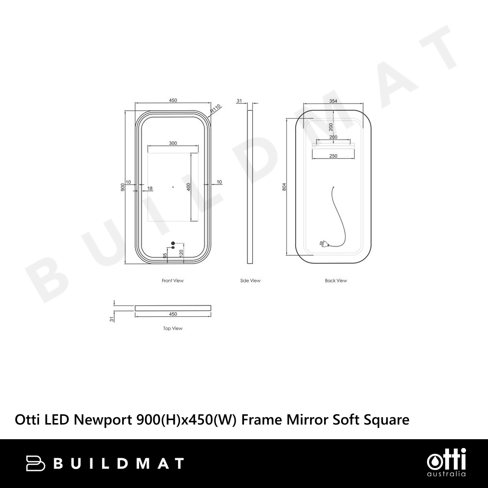 Otti LED Newport 900mm Black Metal Frame Mirror Soft Square