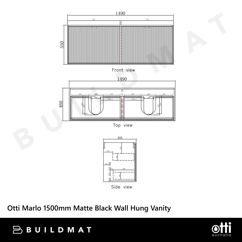 Otti Marlo 1500mm Matte Black Wall Hung Vanity with Natural Carrara Marble Top and Double Bowl Undermount Basin
