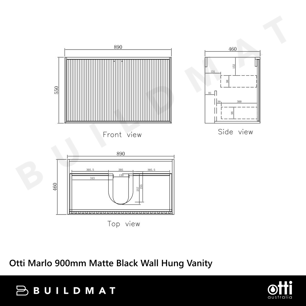 Otti Marlo 900mm Matte Black Wall Hung Vanity with Natural Carrara Marble Top and Undermount Basin