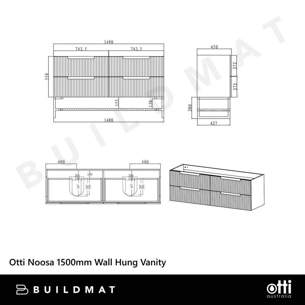 Otti Noosa 1500mm Satin White Wall Hung Vanity with Natural Carrara Marble Top and Double Bowl Undermount Basin