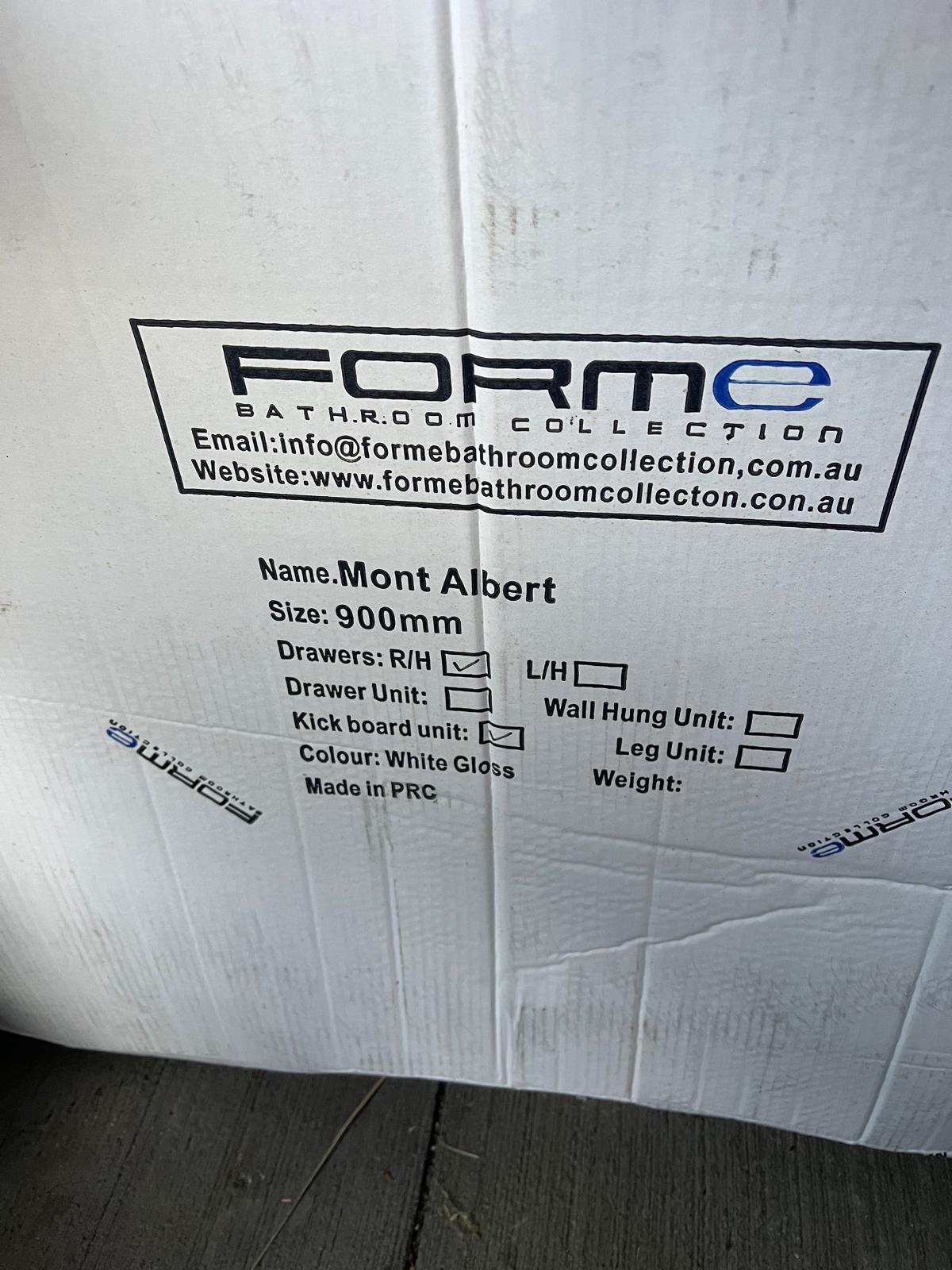 EX-DISPLAY Forme 900mm White Gloss Mont Albert Freestanding Vanity with RH Drawers including Stone Top and Above Mount Basin (Never been used) - Reno Spares