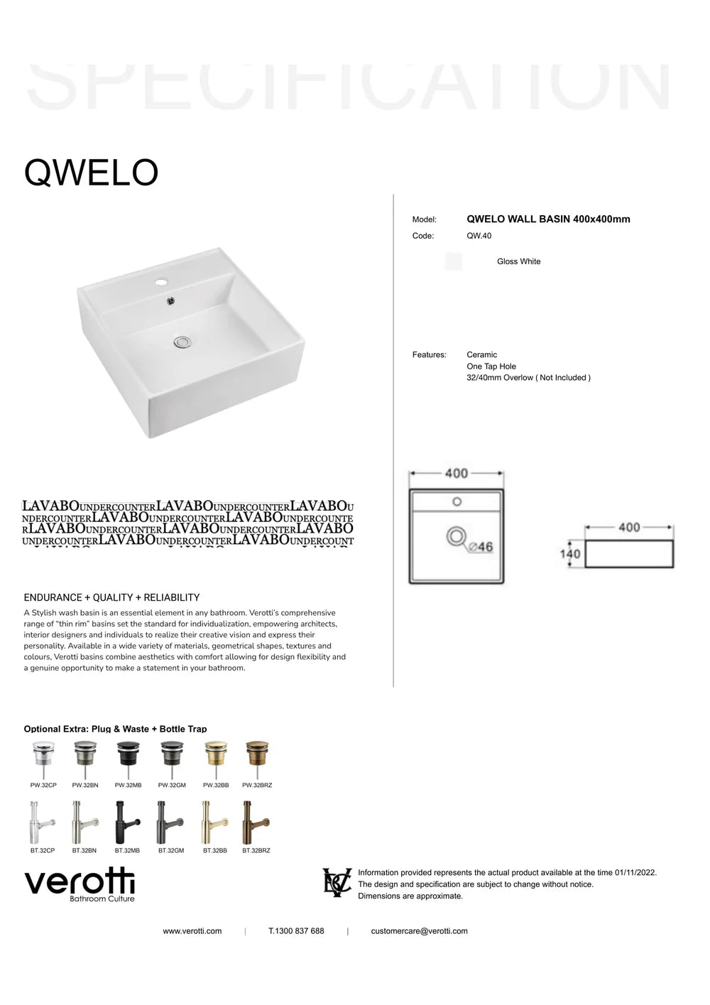 Qwello Wall/Bench Basin Qw.40 - Reno Spares