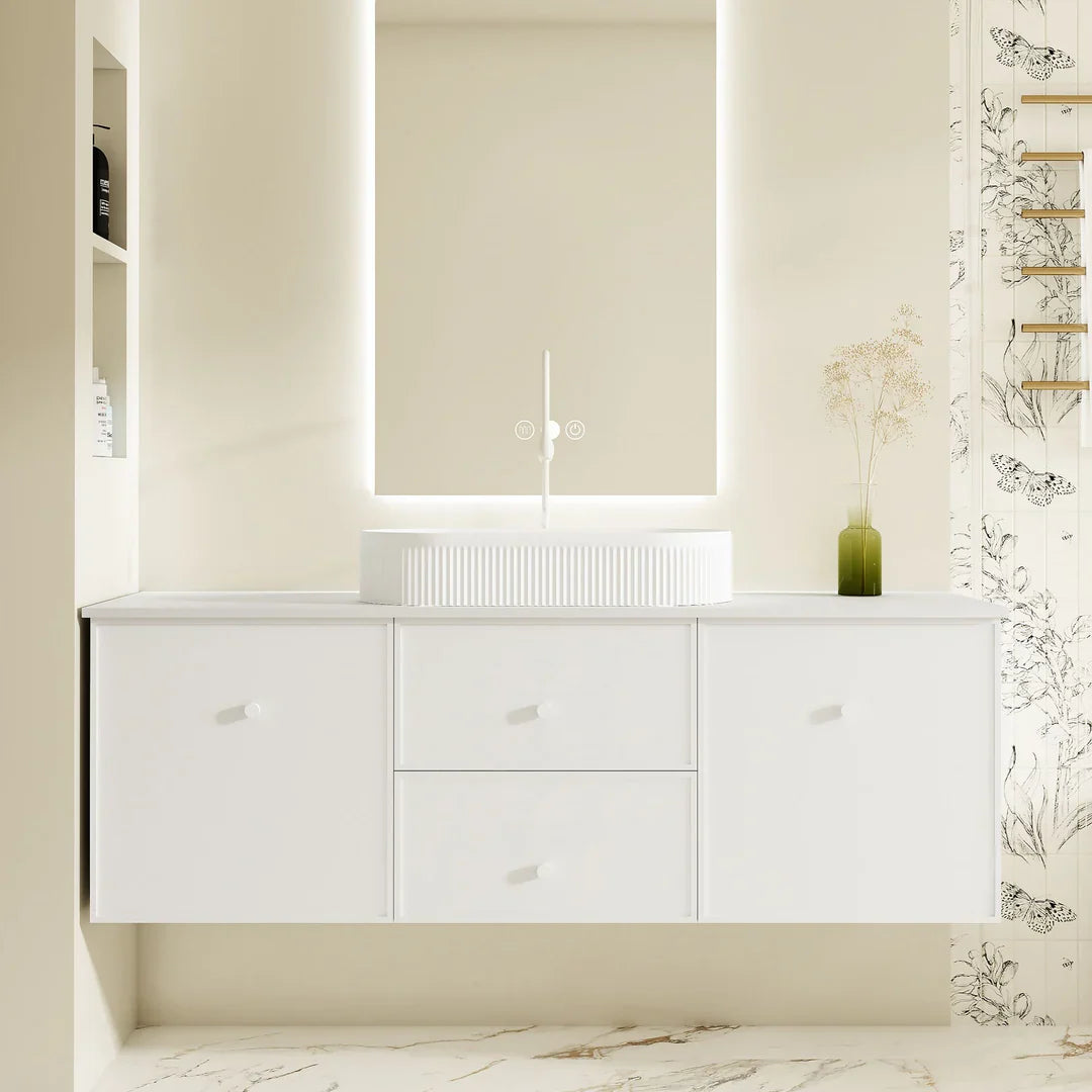Seattle 1500mm Wall-Hung Cabinet - Matt White - 1500mm / Matt White Cabinet + Carrara White Stone Top