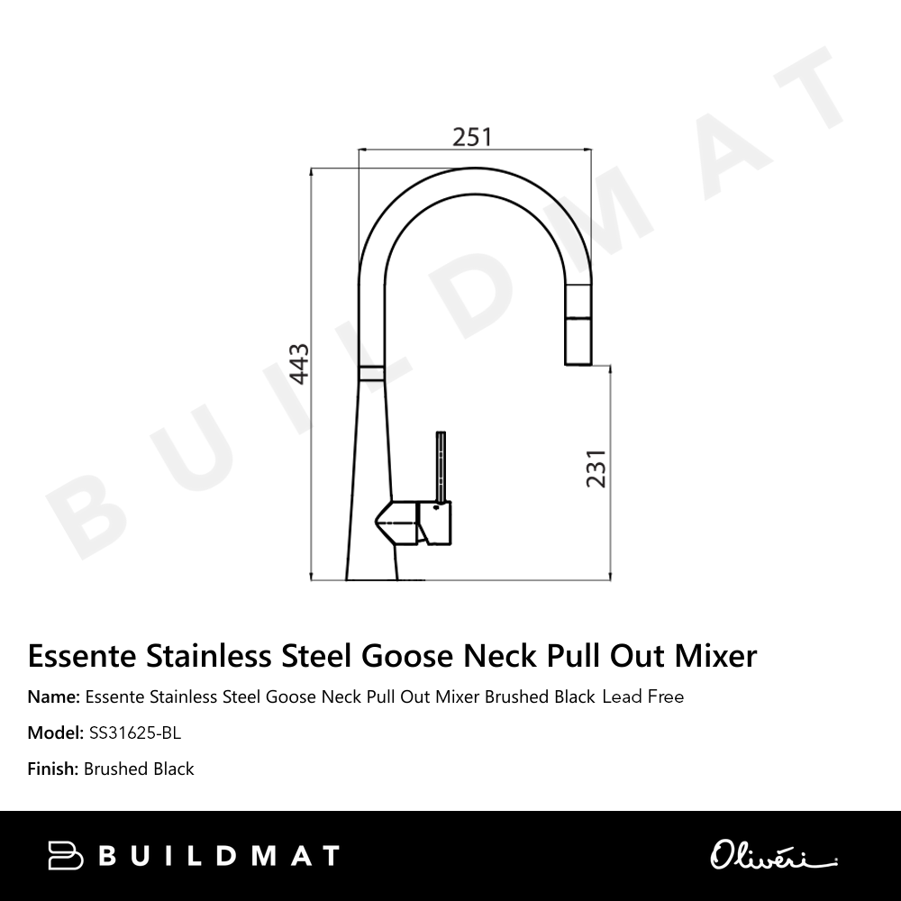 Oliveri Essente 316 Stainless Steel Goose Neck Pull Out Mixer Lead Free Brushed Black