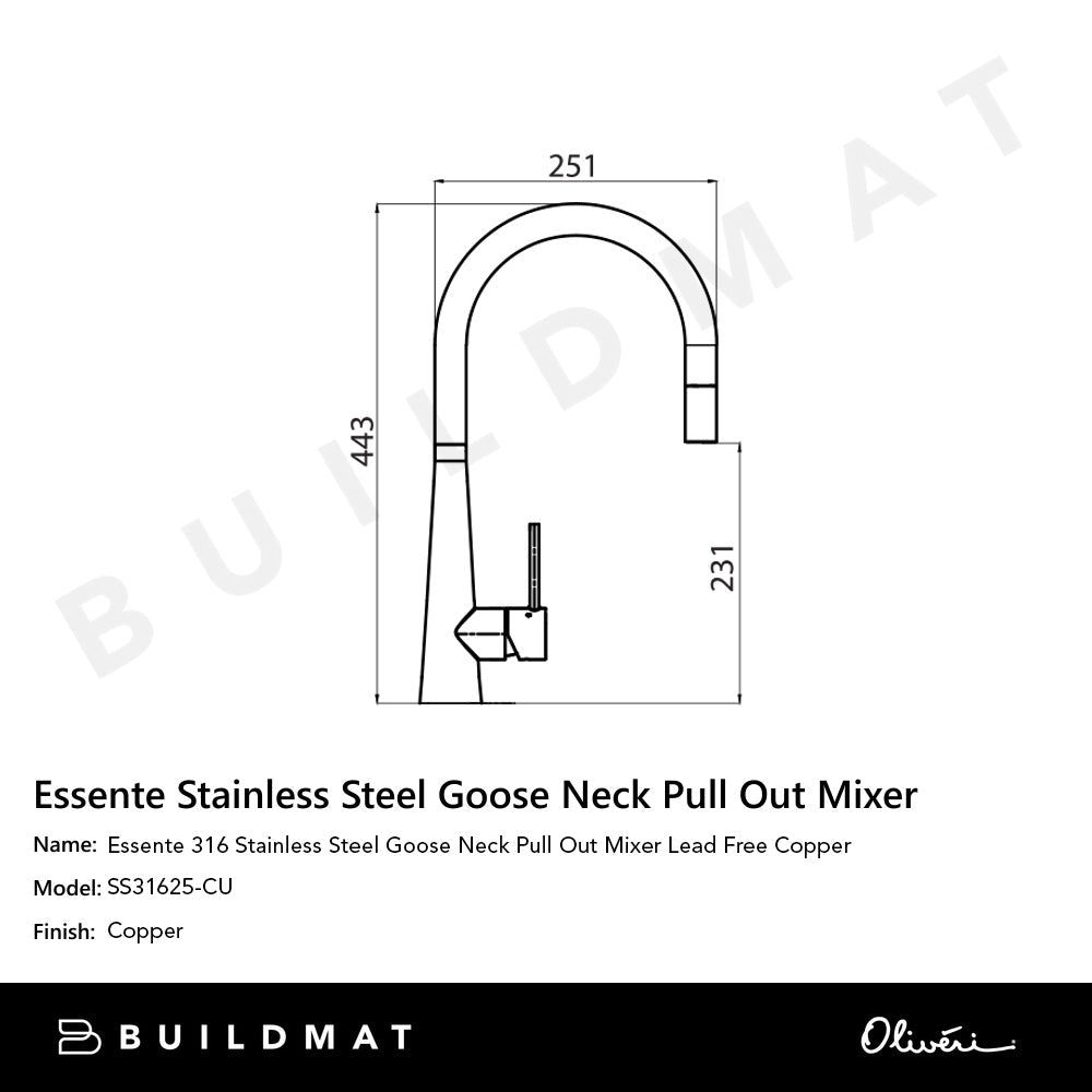 Oliveri Essente 316 Stainless Steel Goose Neck Pull Out Mixer Lead Free Copper
