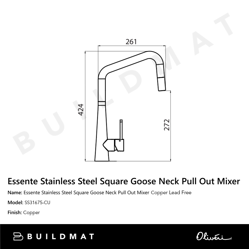 Oliveri Essente 316 Stainless Steel Square Goose Neck Pull Out Mixer Lead Free Copper