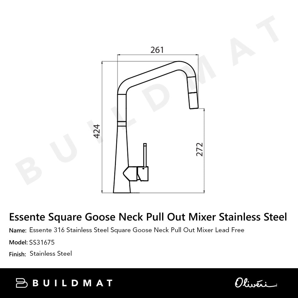 Oliveri Essente 316 Stainless Steel Square Goose Neck Pull Out Mixer Lead Free