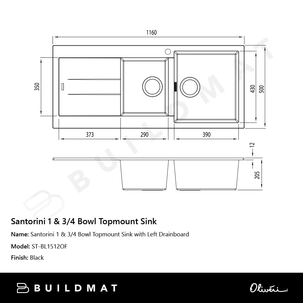Oliveri Santorini 1 & 3/4 Bowl Topmount Sink with Left Drainboard Black