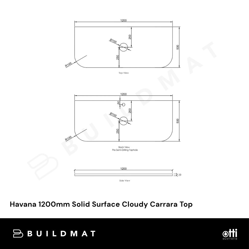 Otti Havana 1200mm Solid Surface Cloudy Carrara Top