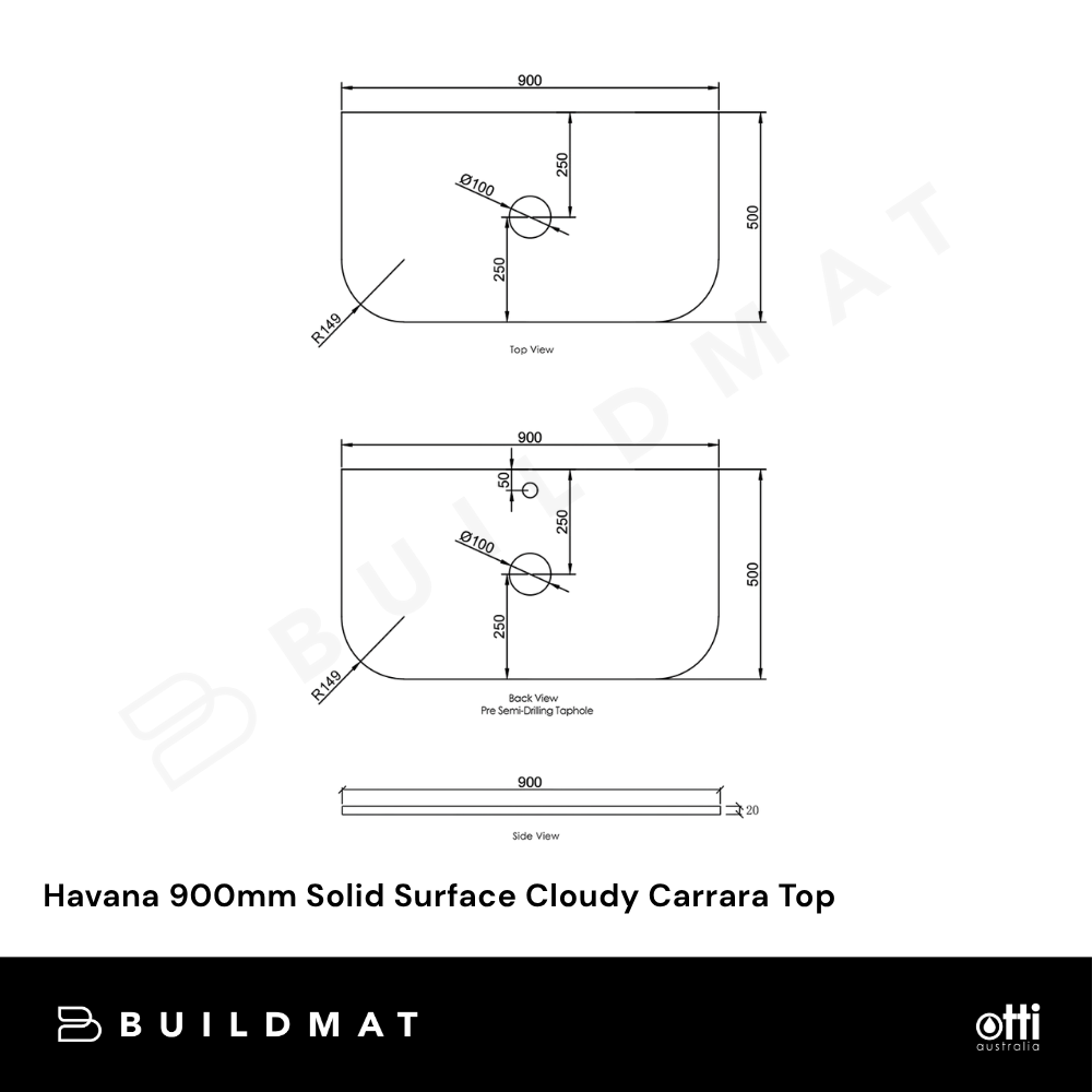 Otti Havana 900mm Solid Surface Cloudy Carrara Top