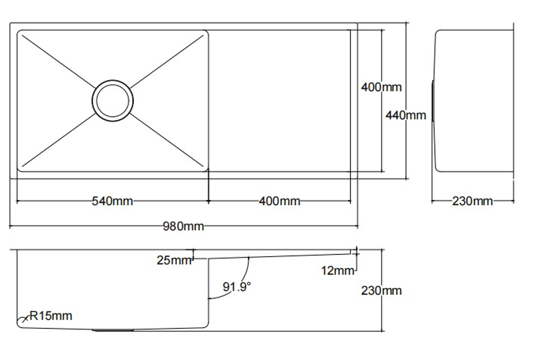 Kliff Hand Made Stainless Steel Sink - 980mm x 440mm x 230mm