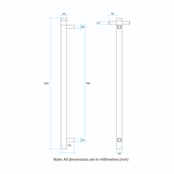 Thermorail 12V Square 900 Vertical Single Bar Heated Towel Rail