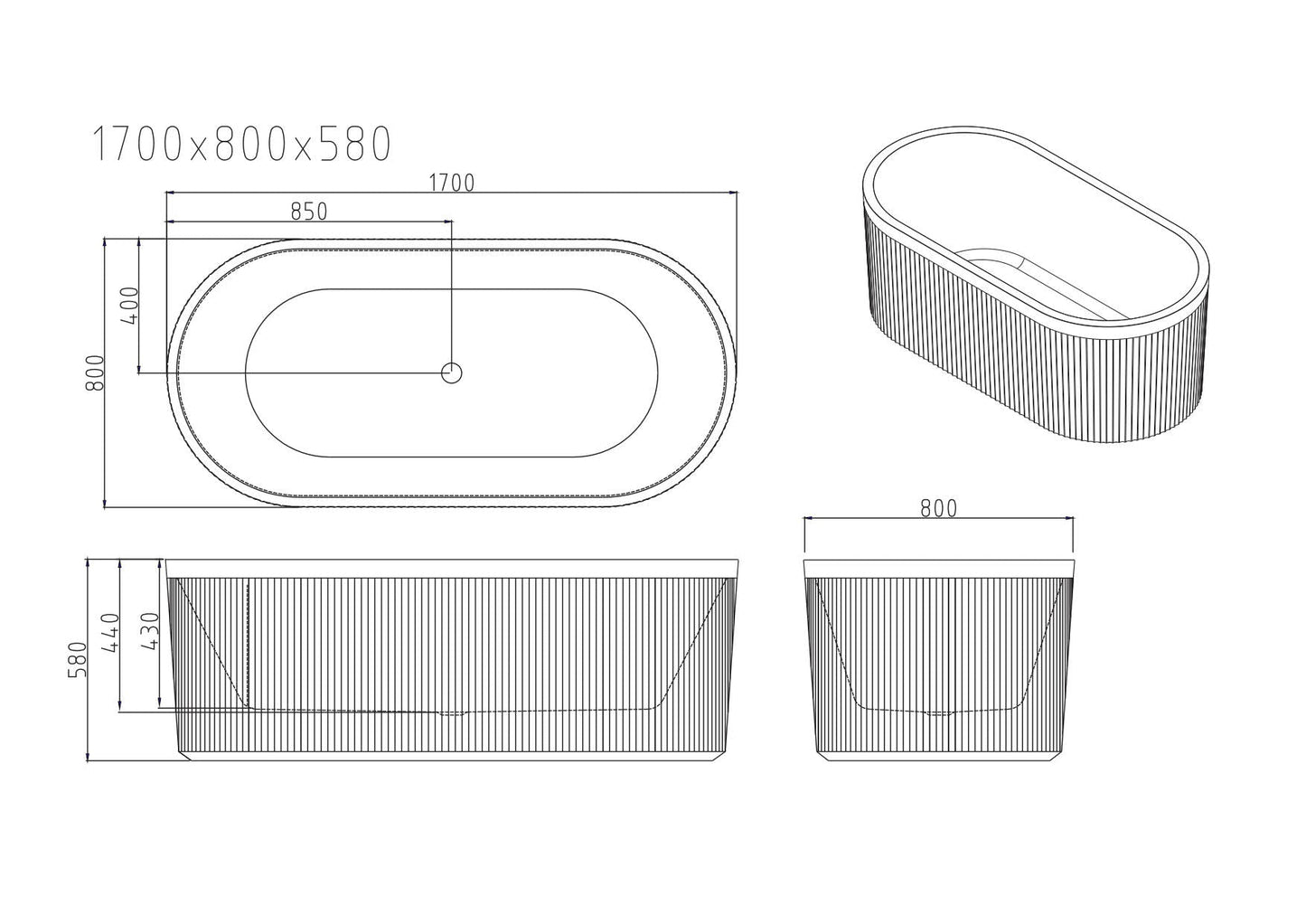 Tyler Freestanding Fluted Bathtub - 1700mm / Gloss White