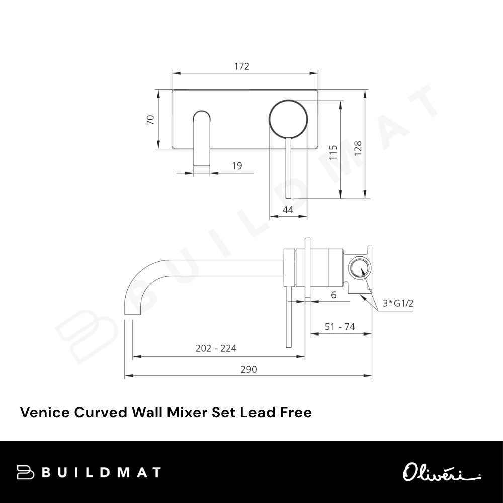 Oliveri Venice Curved Wall Mixer Set Matte Black Lead Free