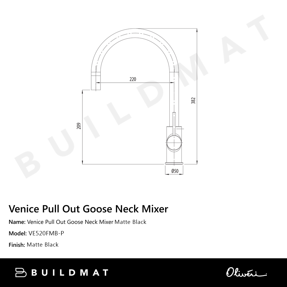 Oliveri Venice Pull Out Goose Neck Mixer Matte Black