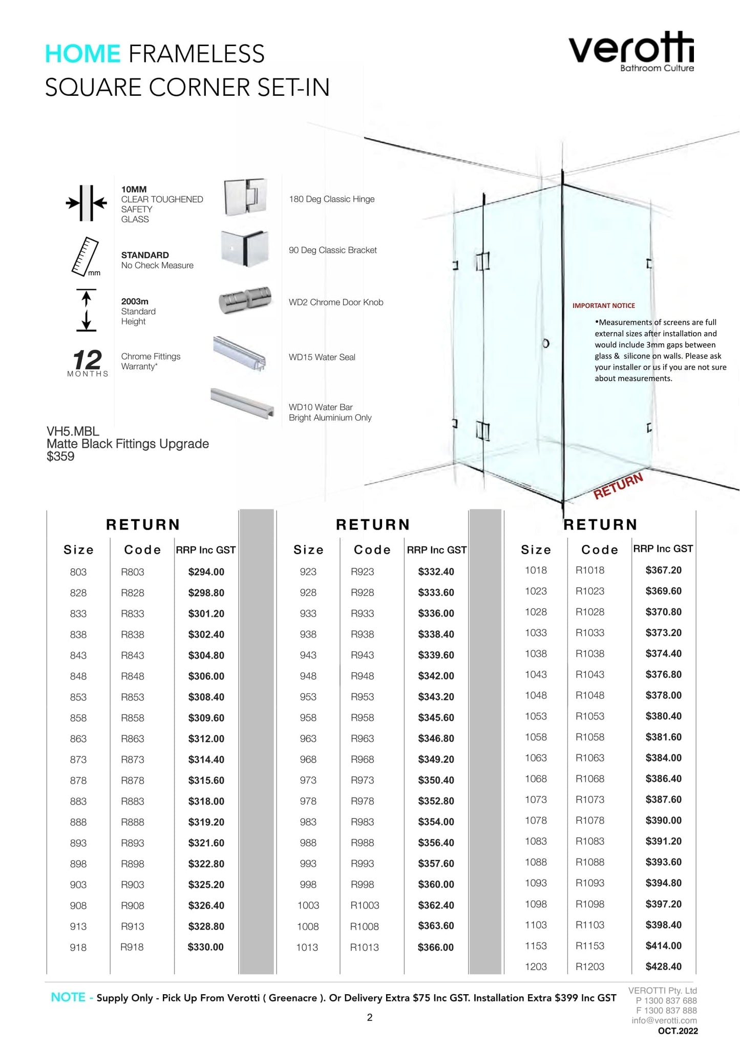 Verotti Home Frameless Square Corner Set-In - 899 / 1053