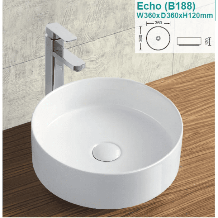 Bth Echo Above Counter Round Ceramic Basin White 360MM - Reno Spares