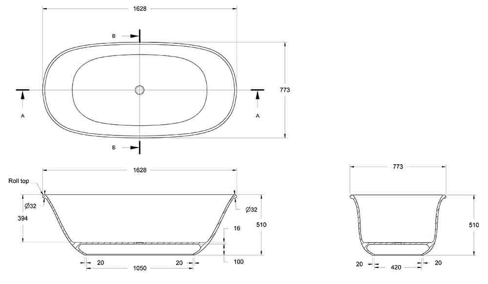 Blanche 162 x 77 TitanCast Solid Surface Freestanding Bath - Gloss White